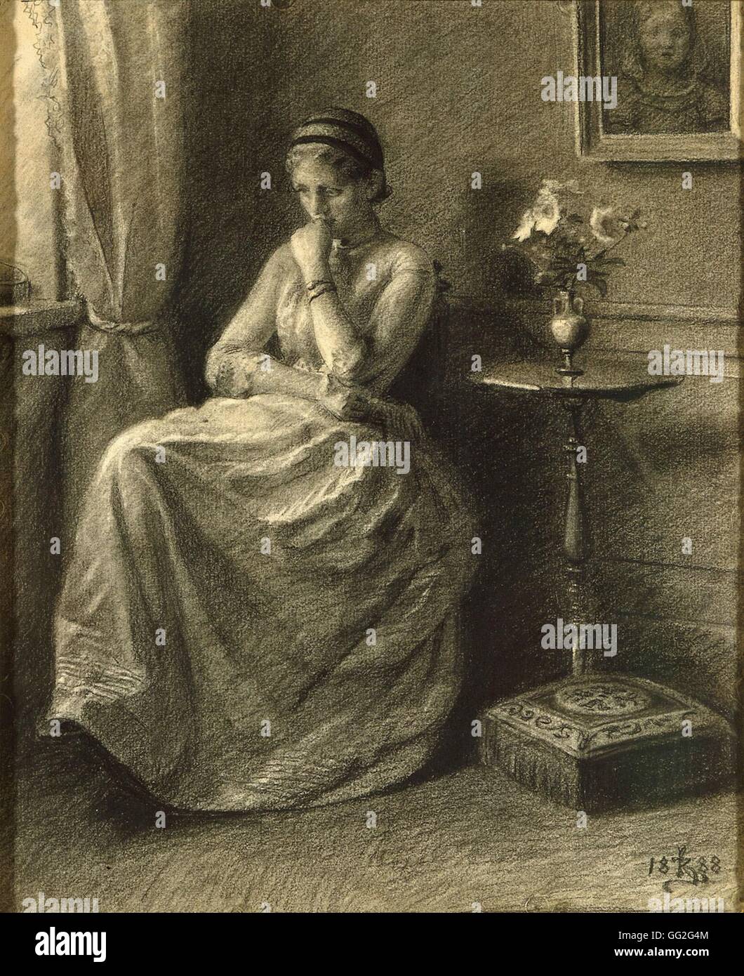 Kristian Zahrtmann école danoise Pensive woman dans l'intérieur du charbon de 1888 (38 x 30 cm) collection privée Banque D'Images