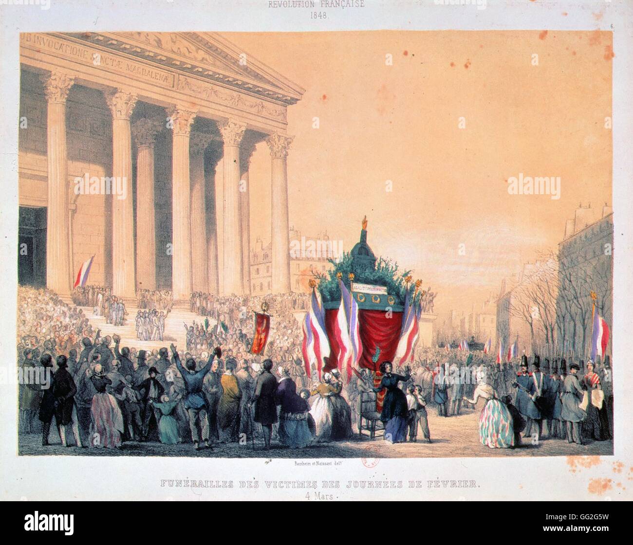 Funérailles des victimes de la révolution, le 4 mars 1848. Église de la Madeleine à Paris. Gravure couleur française. Banque D'Images