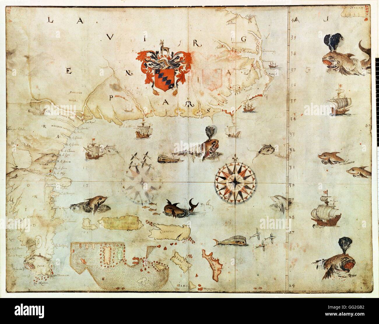 John White English Carte scolaire d'Amérique du Nord : la Virginie et la Floride 1585-1593 crayon, encre et aquarelle sur papier (27 x 47,2 cm) Londres, British Museum Banque D'Images