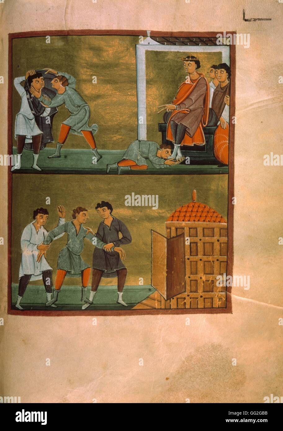 Manuscrit de l'Évangile de l'école de Reichenau procès et d'emprisonnement d'un homme, la Bayerische Staatsbibliothek de Munich 1020-1040 Banque D'Images