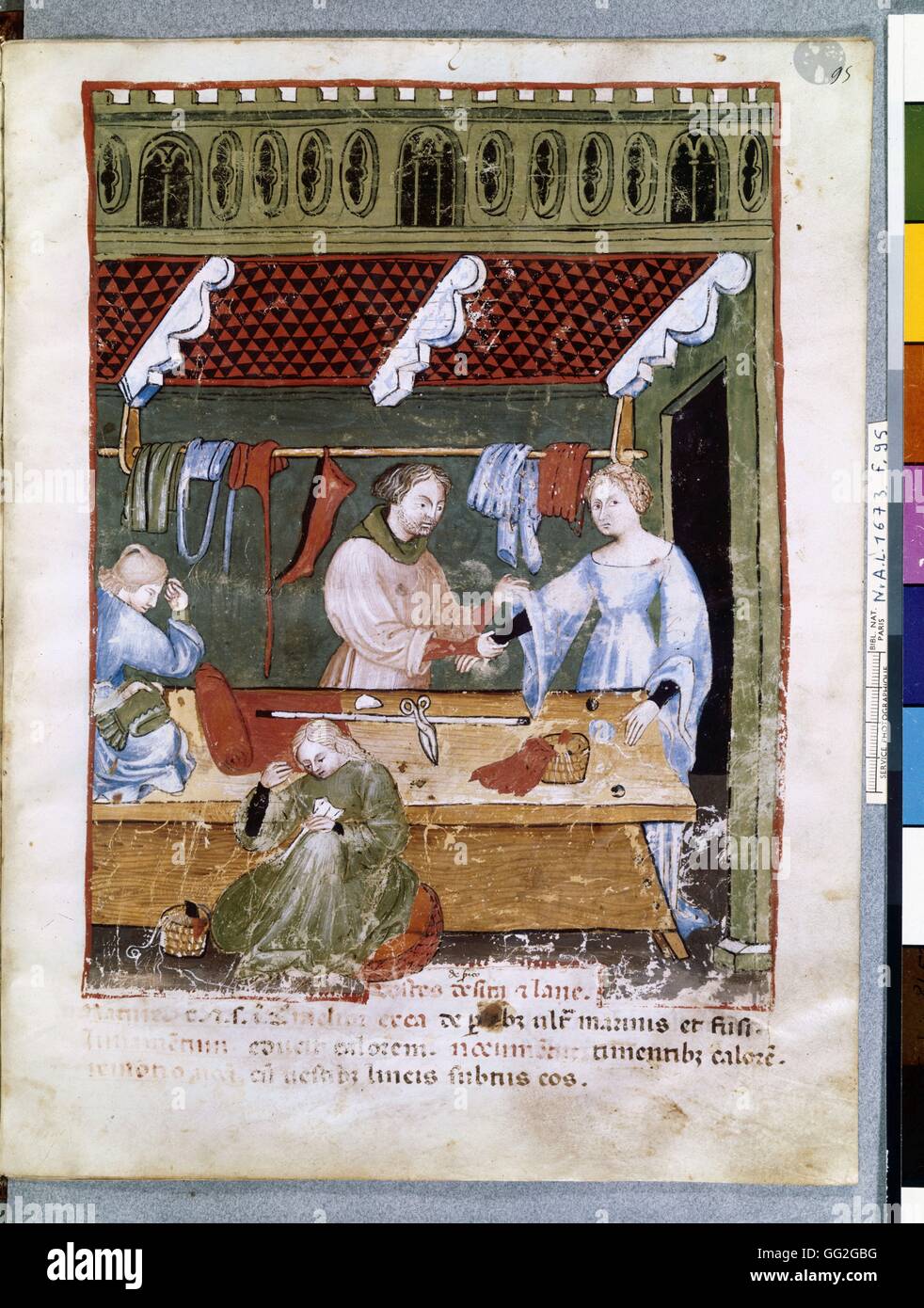 Atelier de couture, manuscrit du 15ème siècle illustration Paris, Bibliothèque Nationale de France Banque D'Images