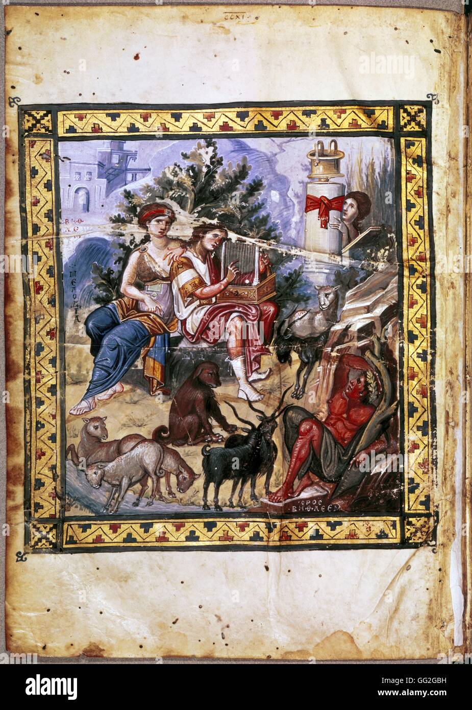 David jouant de la lyre en regardant plus de Bethléem. Personnification de Bethléem située au premier plan. Du psautier de Paris (Xe siècle) Parisinianus Codex manuscrit enluminé sur parchemin Paris, Bibliothèque Nationale de France Banque D'Images