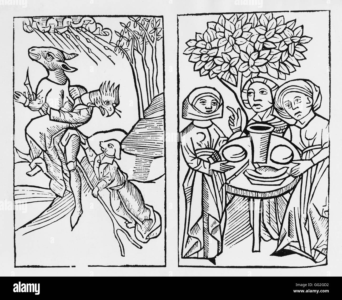 Les sorcières sous la forme d'animaux (à gauche) ; cérémonie du sabbat (droite). Xylographie médiévale. 16ème siècle gravure sur bois Paris, Bibliothèque Nationale de France Banque D'Images