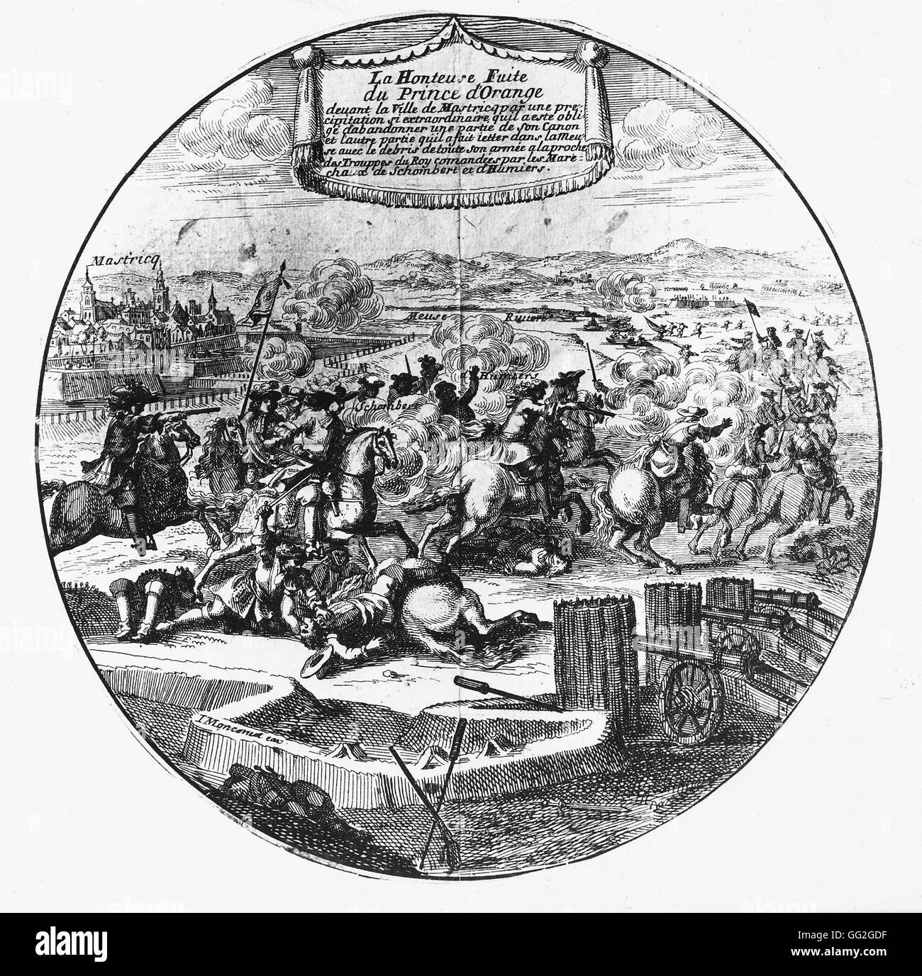 Vol de William III Prince d'Orange et le roi d'Angleterre (1689-1702), à Maastricht, 26 août 1676. 17 CE. La gravure française. Paris, Bibliothèque Nationale de France Banque D'Images