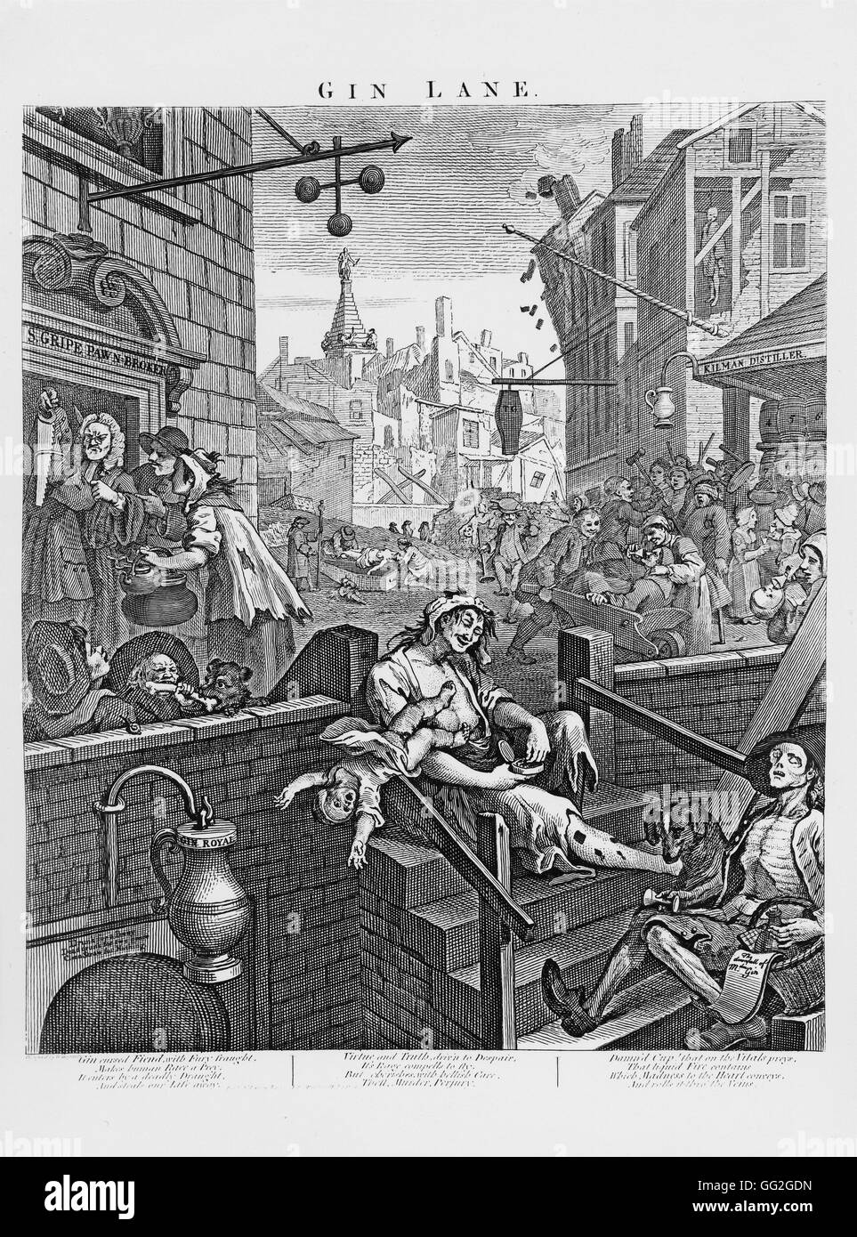 William Hogarth English school 'Gin Lane". Scène qui dépeignent les méfaits de la consommation de gin comme un contraste au bien-fondé de la consommation de bière. 1751 Collection privée Banque D'Images