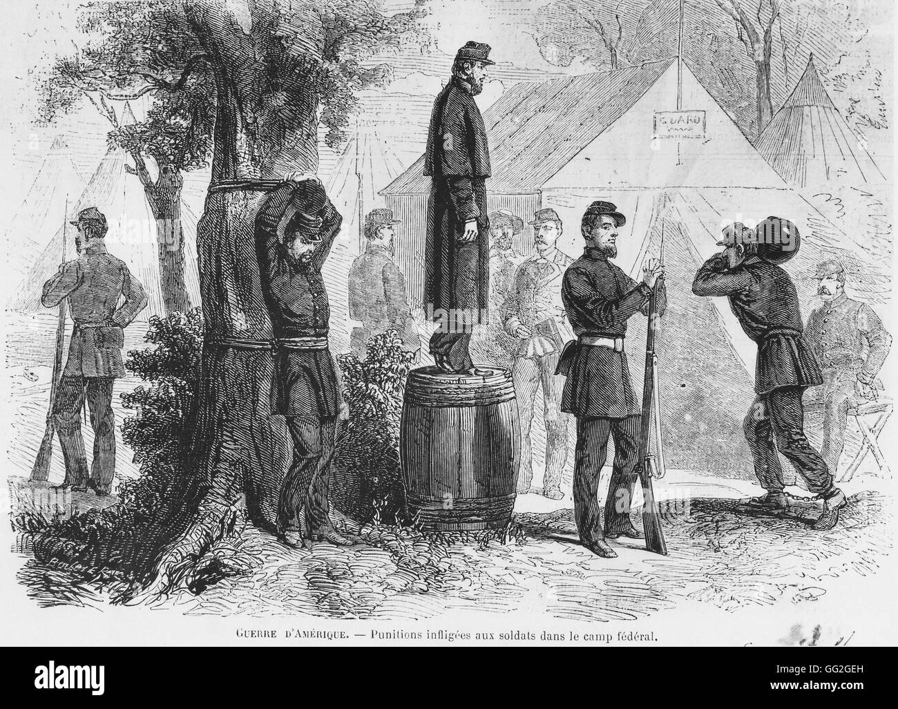 La guerre civile : les punitions infligées aux soldats dans le camp des confédérés. Gravure 1862 Banque D'Images