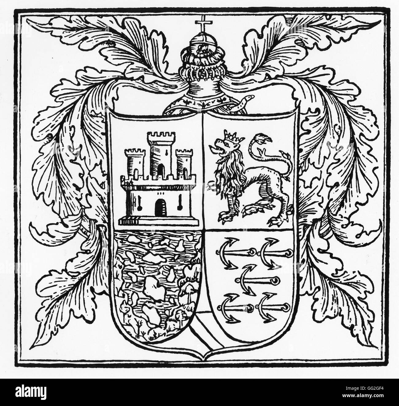 Christopher Columbus' armoiries en 1502 1er et 2e trimestres, les frais royale de Castille et Leon (château et lion) 3e trimestre, des îles dans une mer ondulée 4e trimestre, la coutume de sa famille d'armes Gravure Collection privée Banque D'Images
