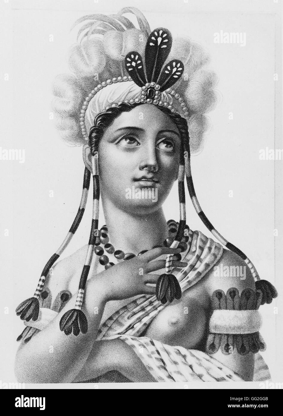 Portrait romancé d'un Indien Buste femme portant une coiffe, colliers et bagues de bras. Gravure du xixe siècle. Paris, Bibliothèque Nationale de France Banque D'Images