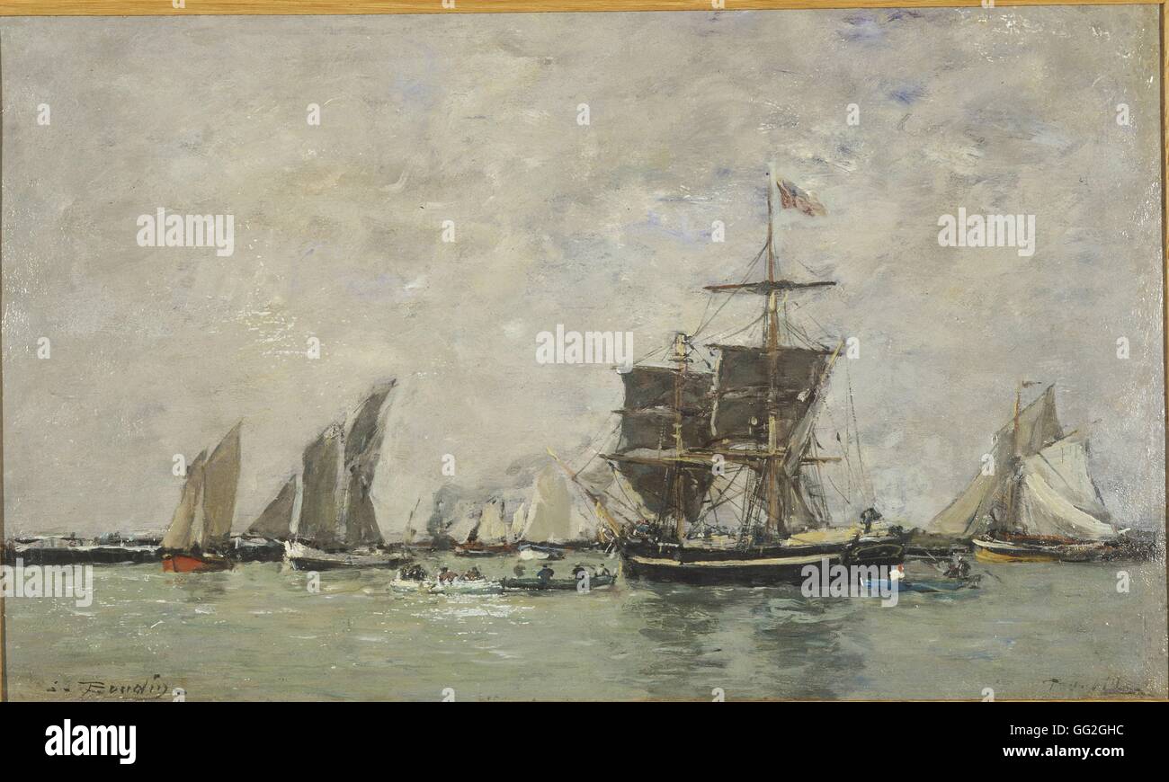 Eugene Boudin école française Sailships et bateaux dans le port de Trouville, 1865-1867 Huile sur toile Collection Privée Banque D'Images