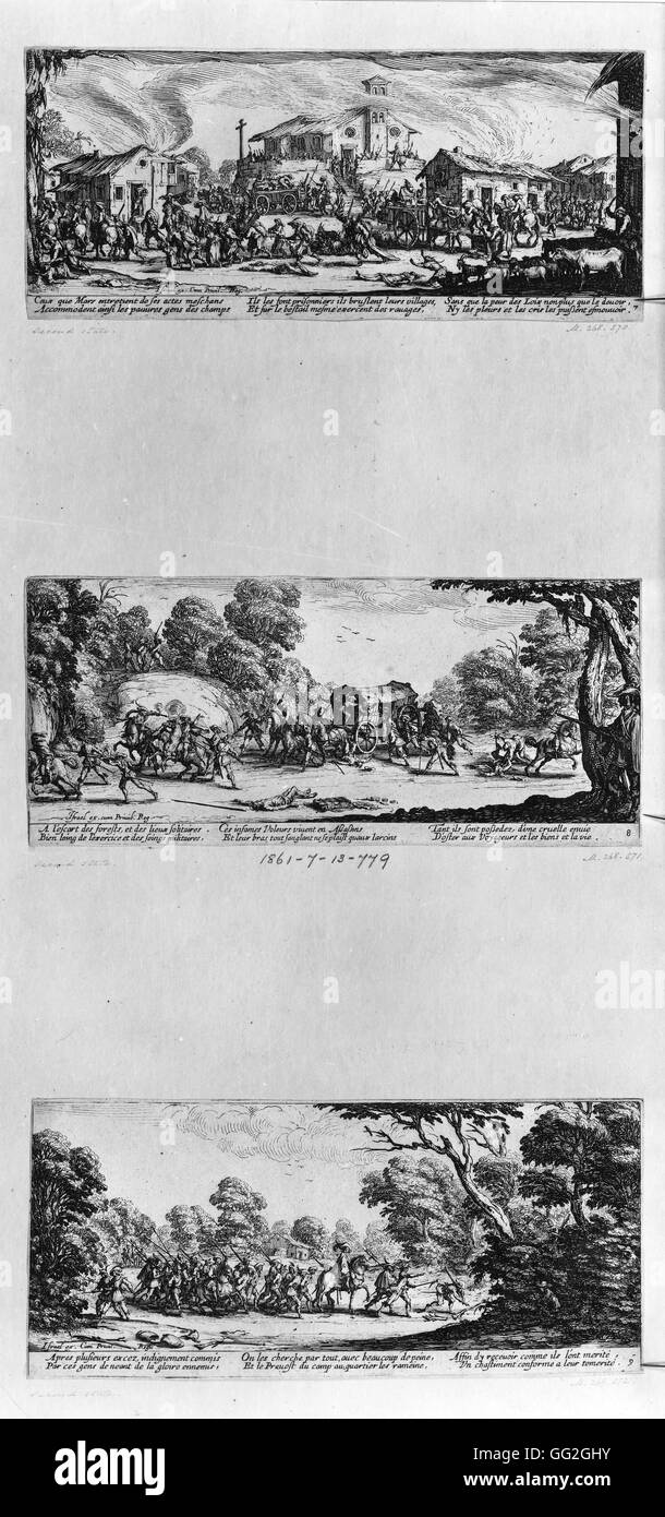 Jacques Callot école française de la guerre de Trente Ans : le pillage d'un village (en haut), une attaque de diligence raisonnable (au centre) et de trouver les méchants (bas) 1633 Trois eaux-fortes de 'Les misères et les désastres de la guerre' illustrant les horreurs de la guerre de Trente Ans Banque D'Images