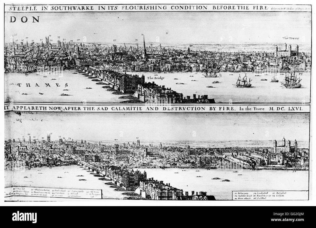 Londres avant et après l'Incendie : deux longues vues s'étendant du Temple sur l'ouest de la tour à droite, avec des bâtiments y compris le château de Baynard, Stiliard, Guildhall, la Cathédrale St Paul, et le Pont de Londres ; un état plus tard avec l'adresse d'Overton. Banque D'Images