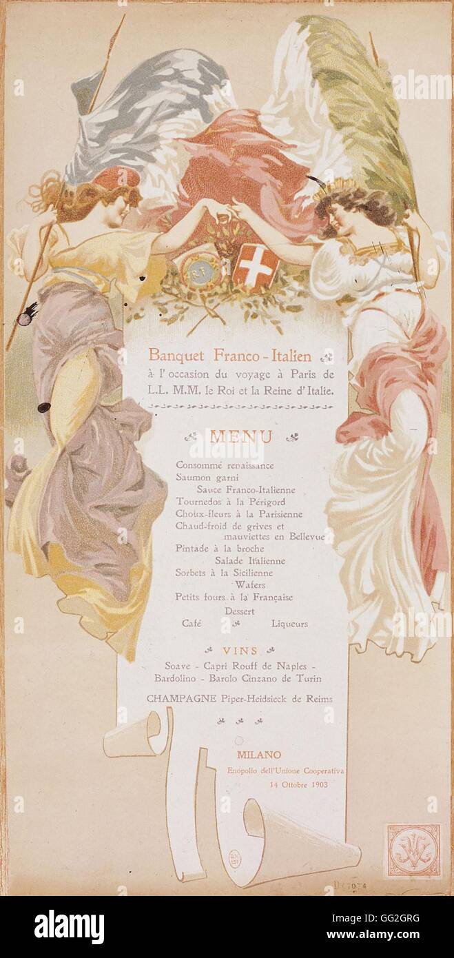 Préparé pour le menu visite du roi Victor Emmanuel III d'Italie et de son épouse à Paris le 14 octobre 1903. Collection privée Banque D'Images