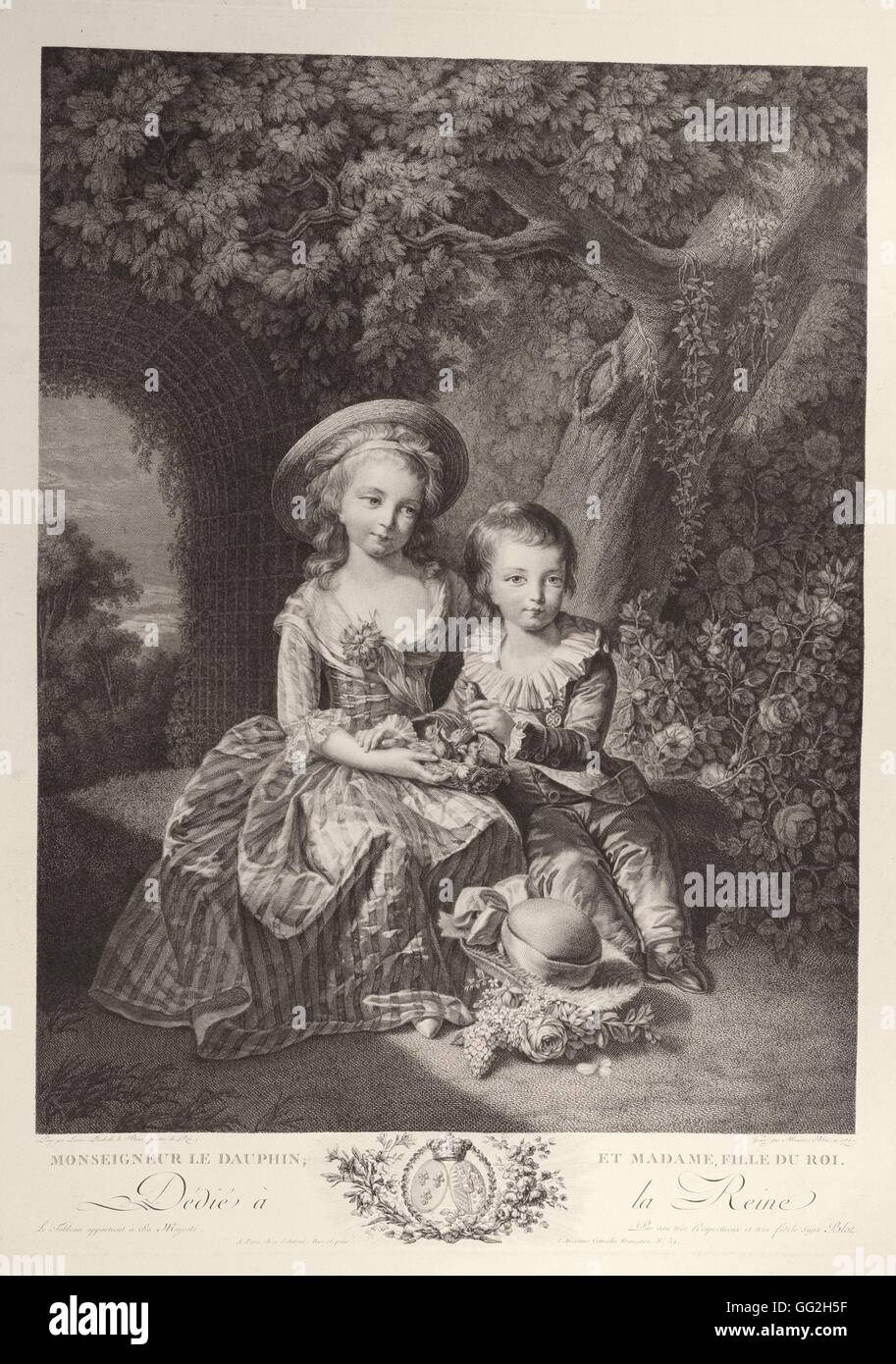 (Après) Elisabeth Vigée Lebrun école française Marie-Thérèse Charlotte de France (1778-1851) et le prince héritier Louis Joseph Xavier de France, (1781-1789), aîné des fils et fille de Louis XVI et Marie-Antoinette Gravure Banque D'Images