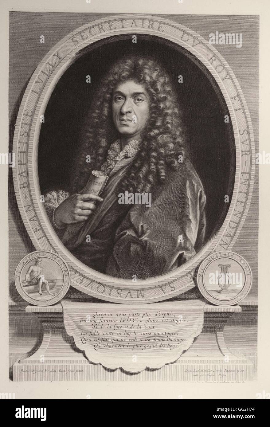 Jean-Louis Roullet, après Nicolas Mignard école française, Jean-Baptiste Lully (1632-1687), compositeur Français Italien puis, plus tard, surintendant de la musique de Louis XIV. Gravure Banque D'Images