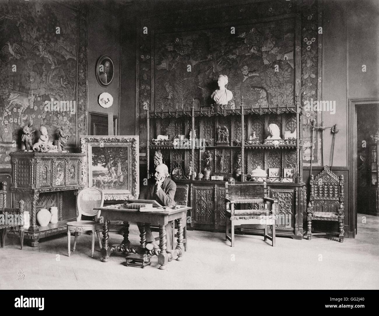 Peintre français Charles Jacque dans son studio situé à Paris 73 boulevard de clichy dans le 18e arrondissement de Paris. Photographie par Edmond Bénard c.1888. L'albumine. Banque D'Images