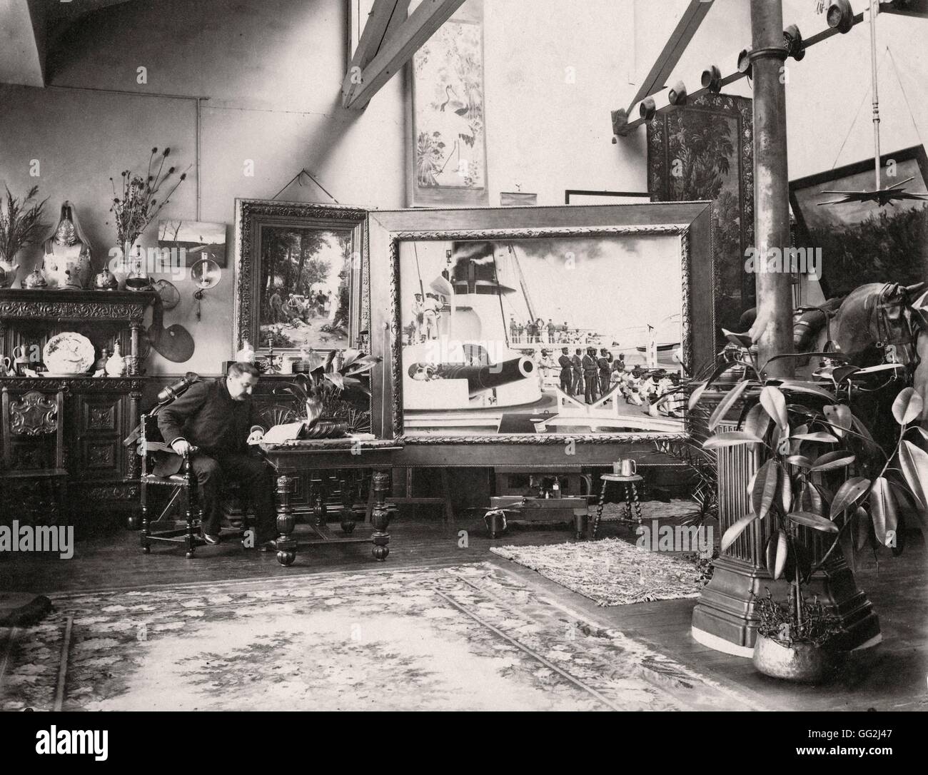 Le peintre français Paul Léon Jazet dans son studio de Paris. Photographie par Edmond Bénard c.1885. L'albumine. Banque D'Images