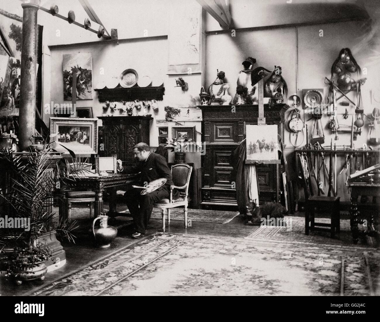 Le peintre français Paul Léon Jazet dans son studio de Paris. Photographie par Edmond Bénard c.1885. L'albumine. Banque D'Images
