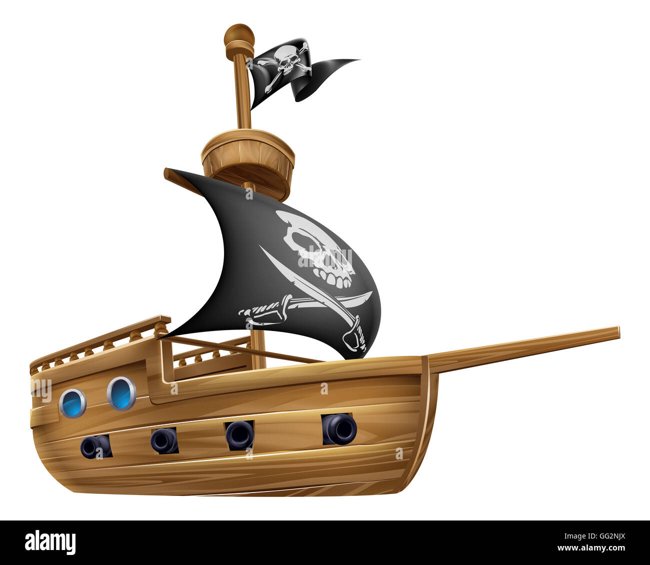 Une illustration d'un dessin animé bateau bateau pirate battant un crâne et os croisés d'un drapeau Banque D'Images