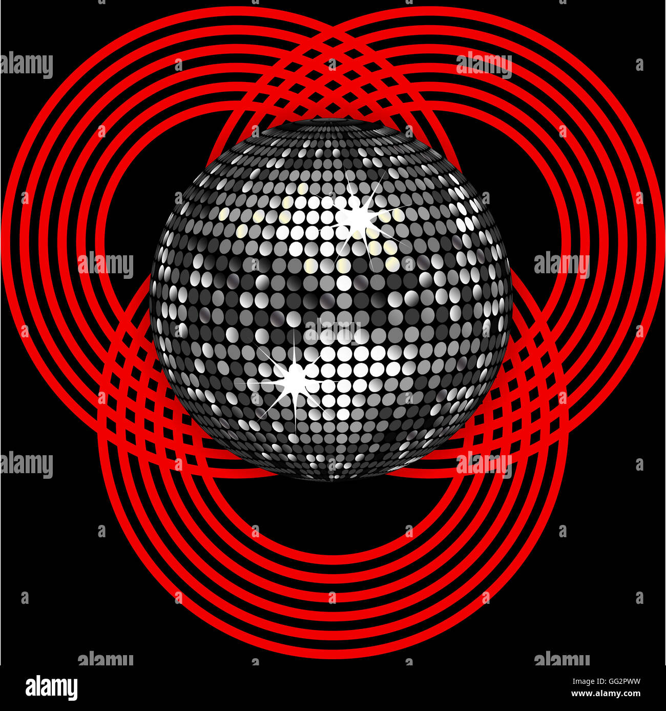 3D argent boule disco sur fond noir avec le cercle rouge Patter Banque D'Images