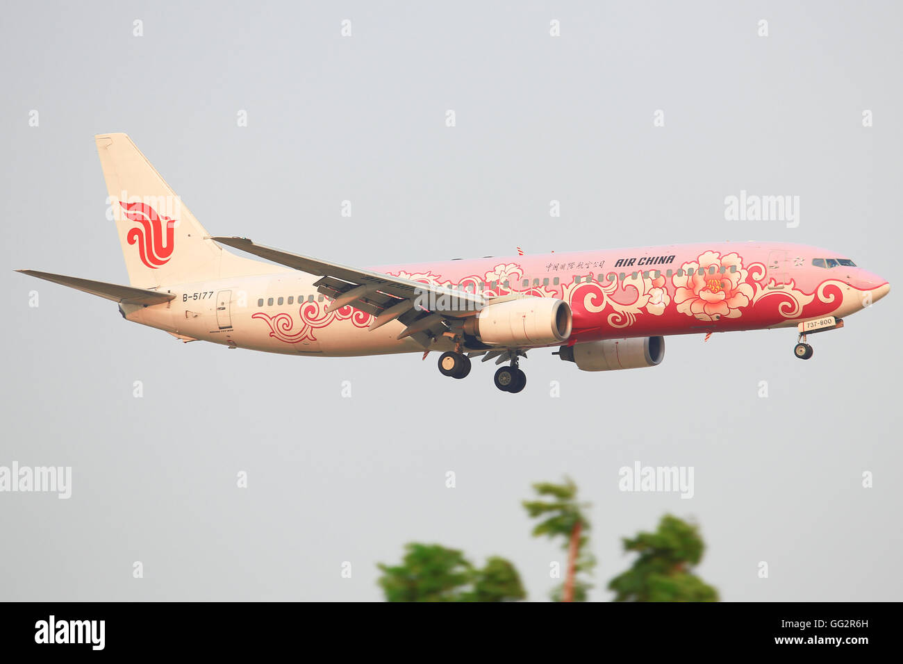 Bangkok/Thaïlande Février 9, 2015 : les avions Boeing 737 de Chine avec 'Pink Peony' l'atterrissage à l'aéroport de Bangkok. Banque D'Images