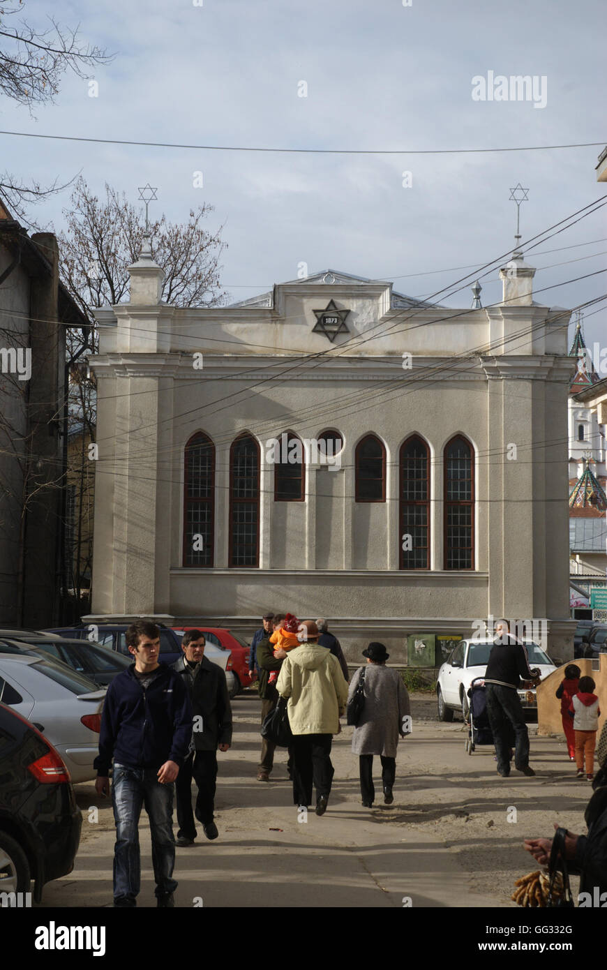 5515. La grande synagogue de Compulung Moldovese, Roumanie. Banque D'Images