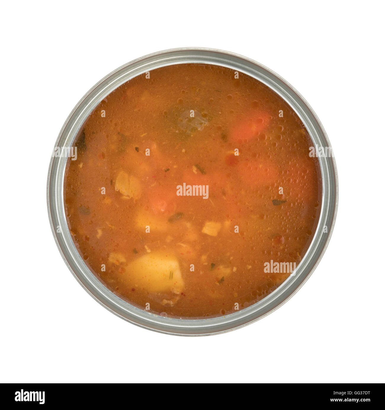 Vue de dessus d'une boîte de style manhattan clam chowder sur un fond blanc. Banque D'Images