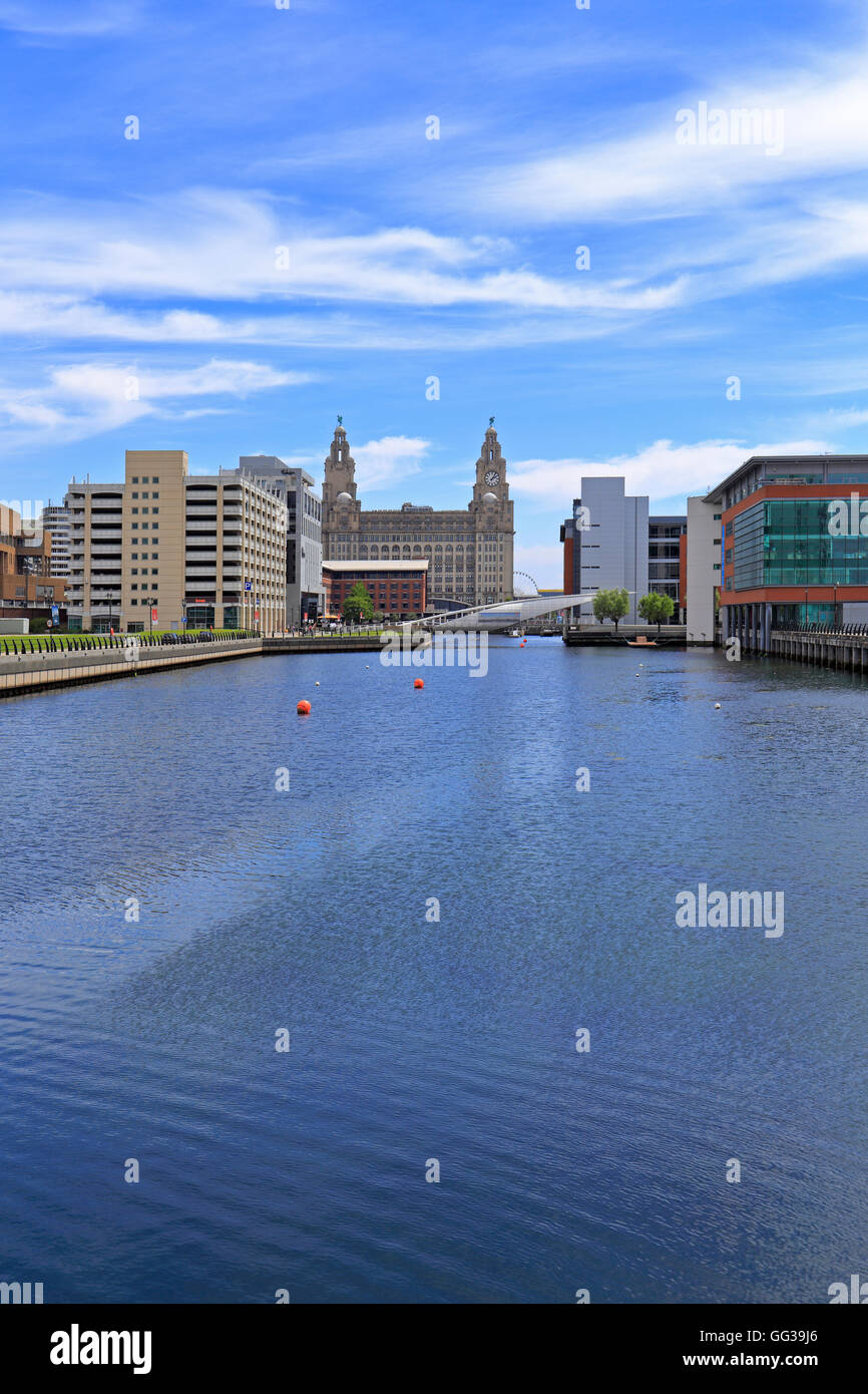 Princes Dock développement commercial vers le Royal Liver Building, Liverpool, Merseyside, England, UK. Banque D'Images