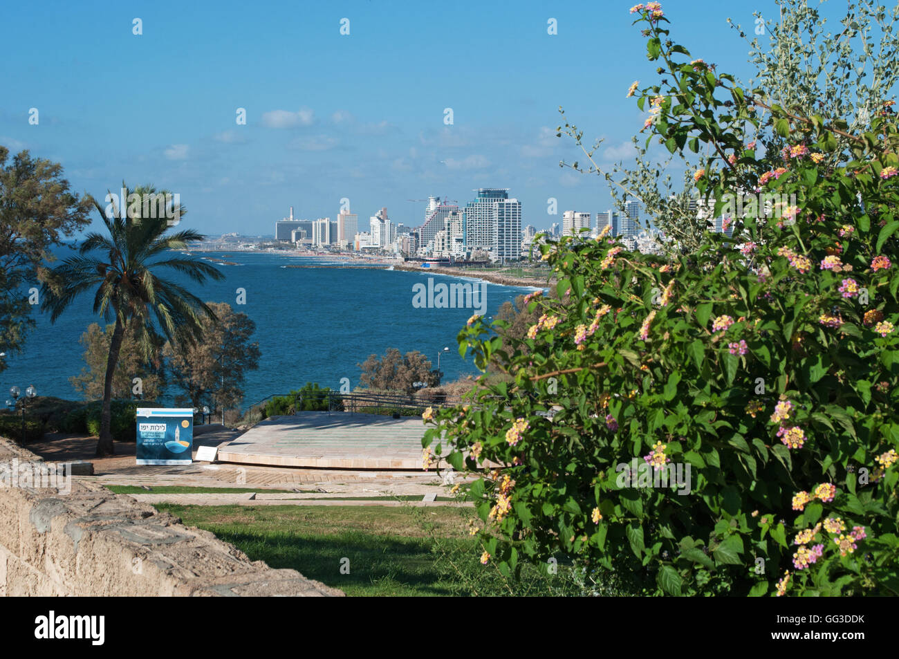 Israël, Moyen-Orient : l'horizon et le littoral des plages de Tel Aviv vu du haut de la colline sur laquelle la vieille ville de Jaffa est perché Banque D'Images