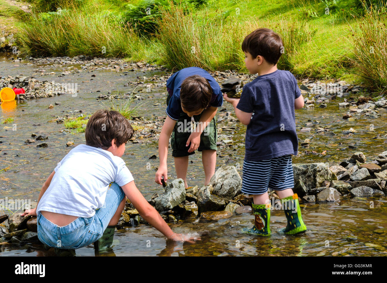 Trois jeunes garçons jouer ensemble à la construction d'un fichu à travers un ruisseau. Banque D'Images