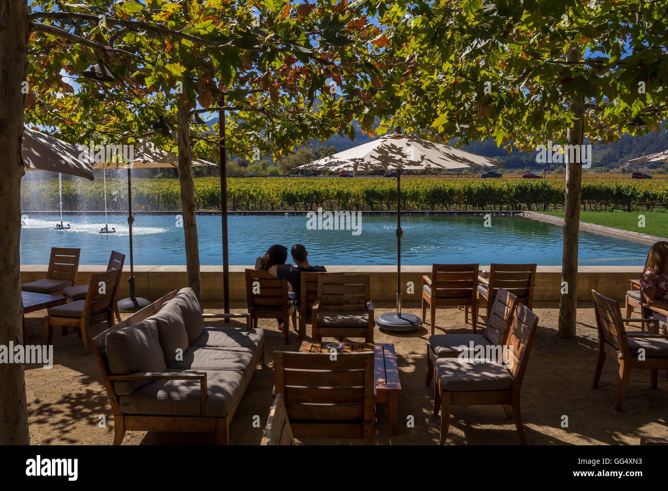 Les gens, les touristes, dégustation de vin, une dégustation de vin, dégustation à l'extérieur patio, Alpha Omega Winery, Napa Valley, Californie Banque D'Images