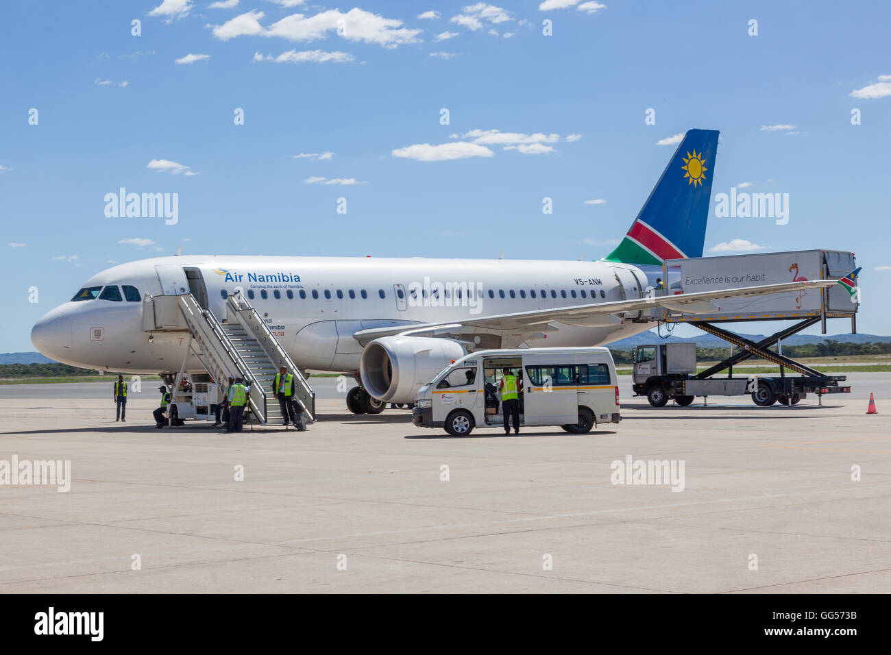 La Namibie La Namibie de l'air - l'Airbus A319-112 V5-ANM à l'Aéroport International Hosea Kutako de Windhoek Banque D'Images