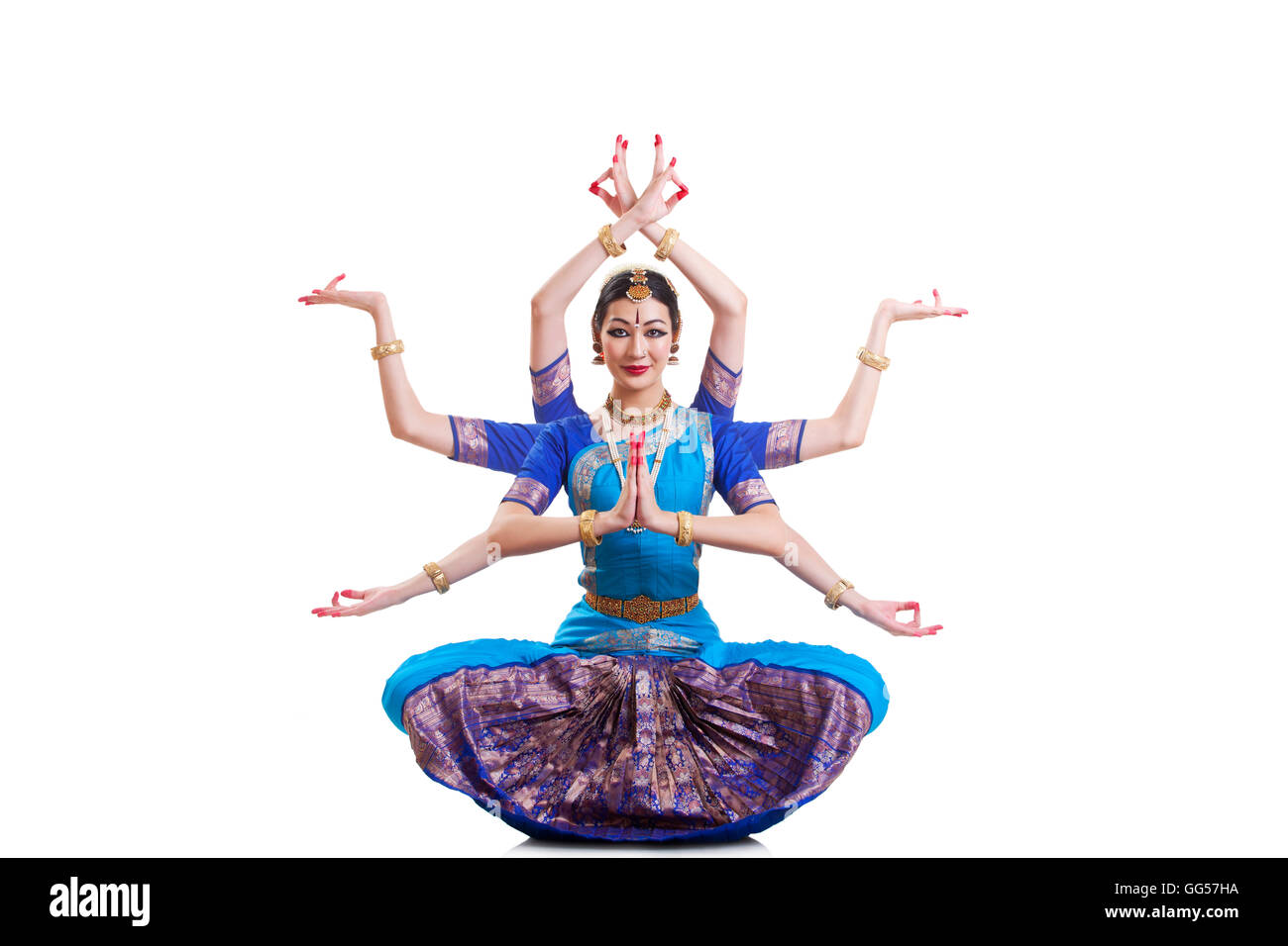 Portrait de danseuse de bharatanatyam avec plusieurs mudras over white background Banque D'Images