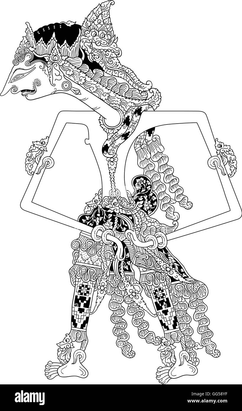 Barata, un personnage de spectacle de marionnettes traditionnelles, wayang kulit de Java en Indonésie. Illustration de Vecteur