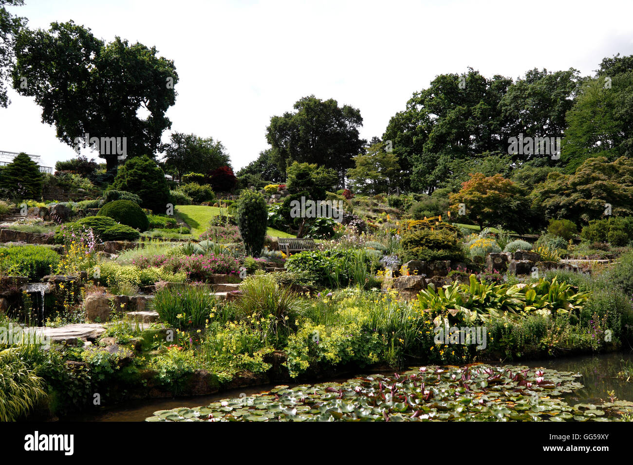 La terrasse du jardin de ROCHE À RHS WISLEY Banque D'Images