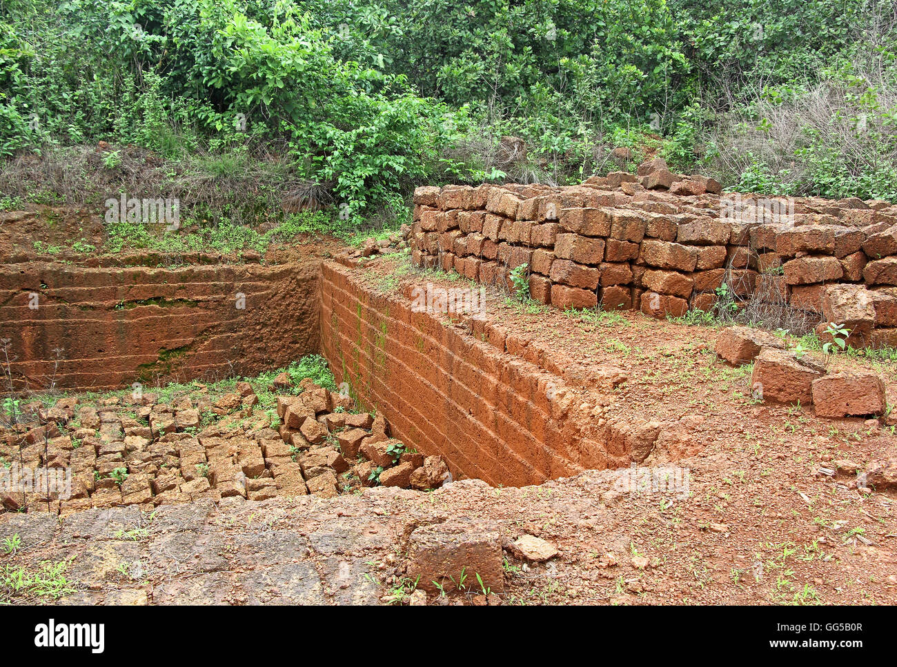 Carrière de latérite, un soft rock largement utilisé comme matériau de construction d'anciens forts et de maisons dans la région de Konkan et Goa, en Inde. Banque D'Images