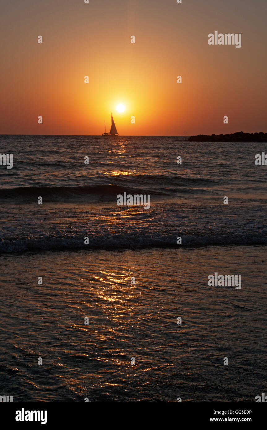 Tel Aviv, Israël, Moyen Orient : la plage, un voilier et la mer Méditerranée au coucher du soleil à la fin d'une belle journée d'été Banque D'Images