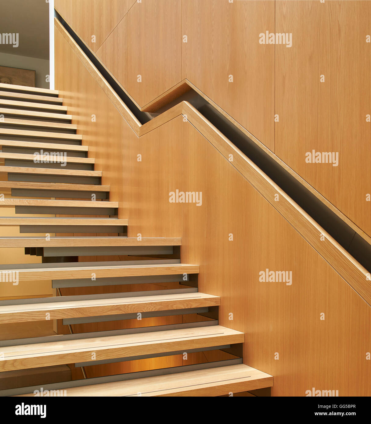 Escalier avec main courante bois encastré. Le jardin des capacités au Lincoln College, Oxford, Royaume-Uni. Architecte : Stanton Williams, 2015. Banque D'Images