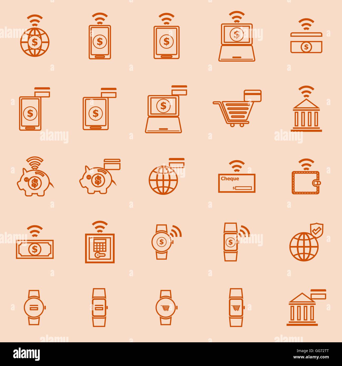 Fintech couleur de la ligne d'icônes sur fond orange, stock vector Illustration de Vecteur