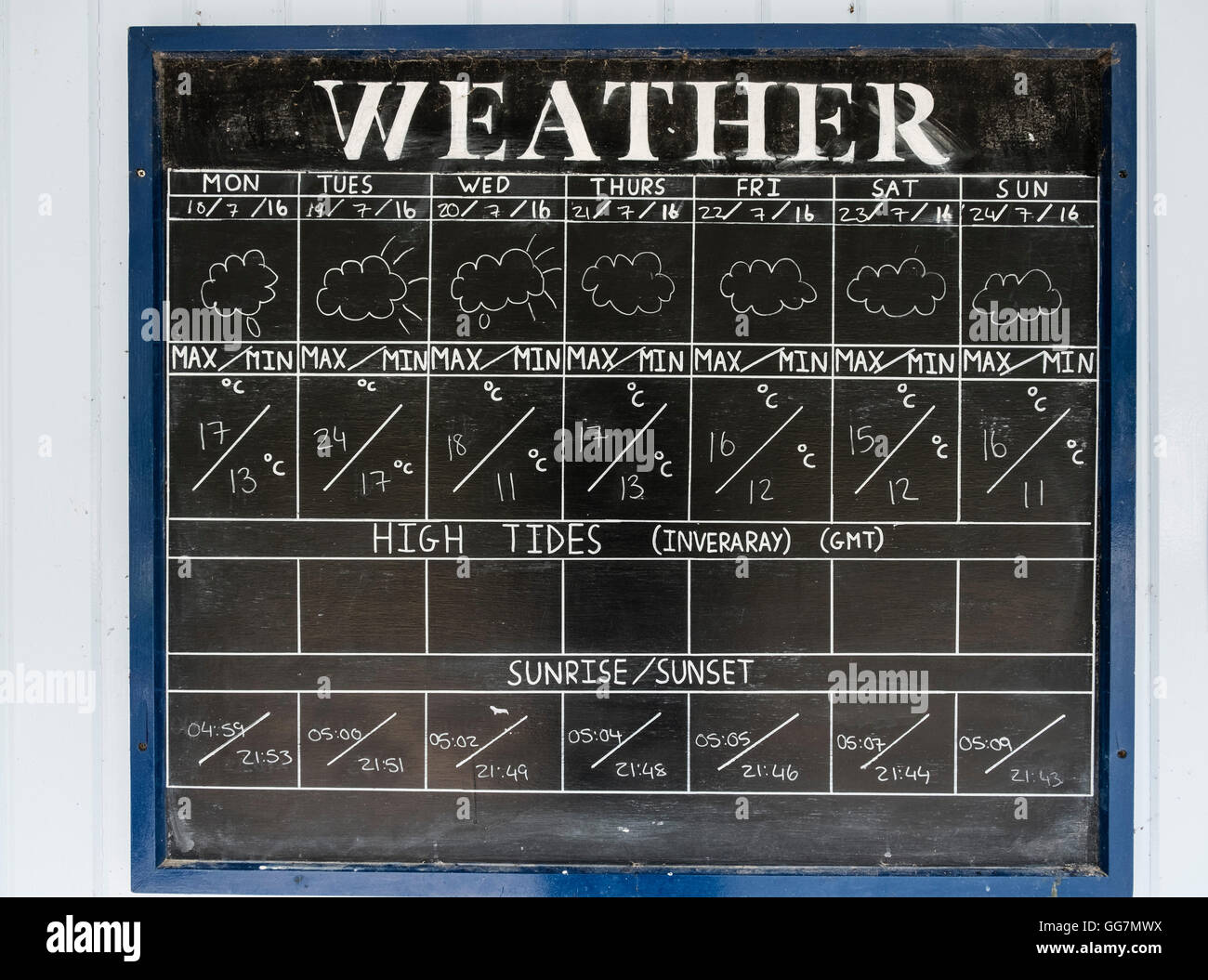Tableau montrant les prévisions météo à Inveraray à Argyll and Bute en Écosse, Royaume-Uni Banque D'Images