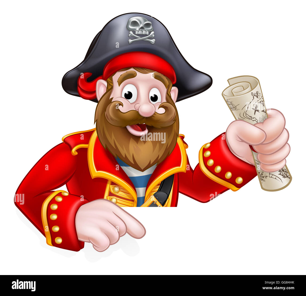 Un dessin animé pirate peeking sur un signe et pointant vers le bas, tenant une carte de trésor Banque D'Images