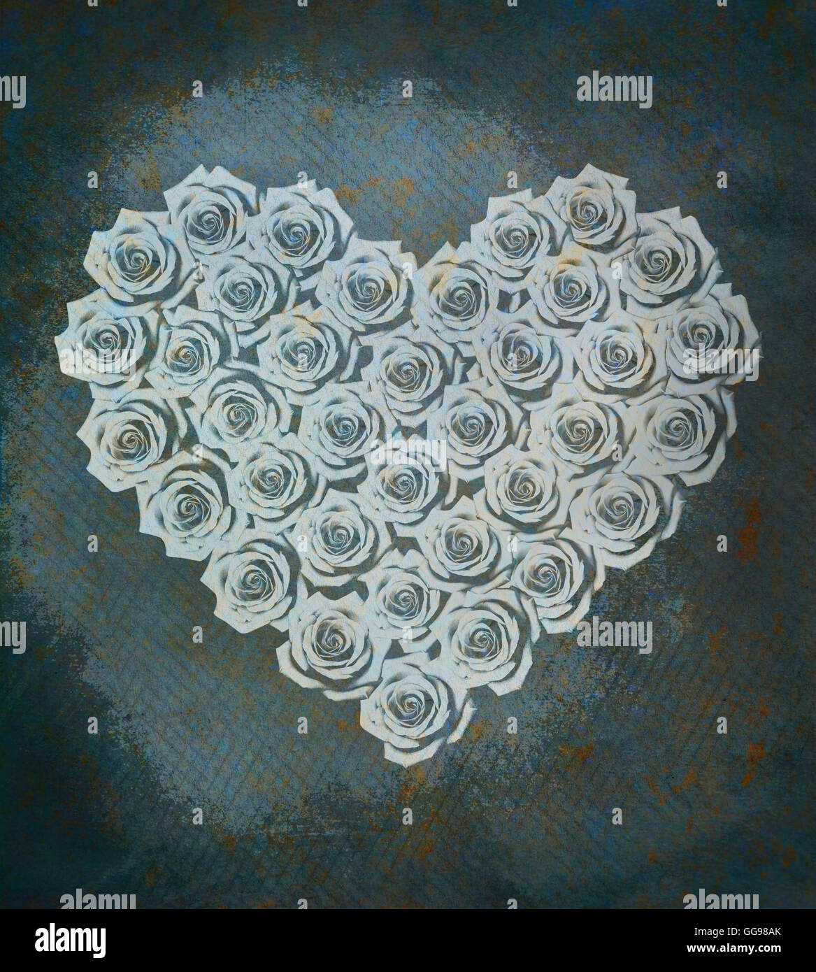 Roses en forme de coeur dans le blues, avec texture grunge Banque D'Images