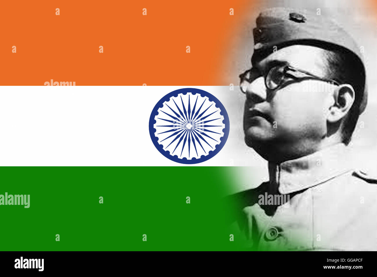 Le vrai patriote. Netaji Subhas Chandra Bose. Drapeau national indien. Banque D'Images