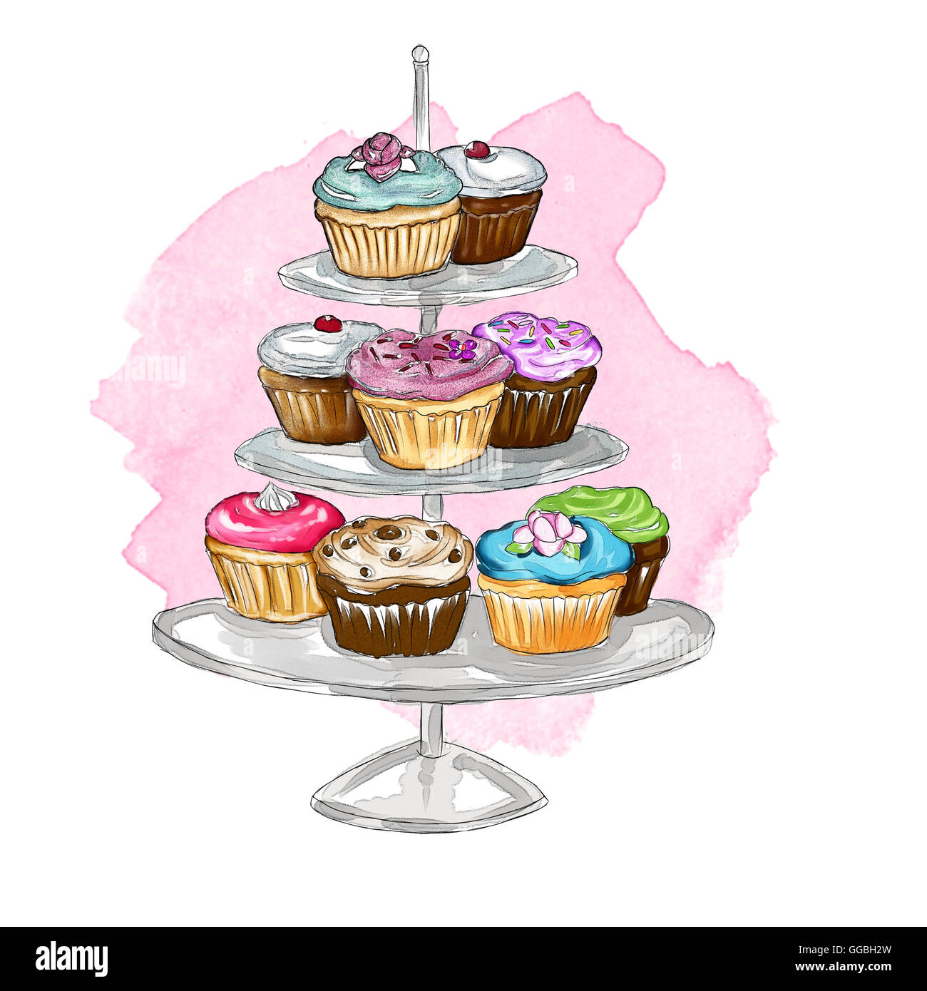 Illustration à l'aquarelle sur cupcakes sur un cake stand Banque D'Images