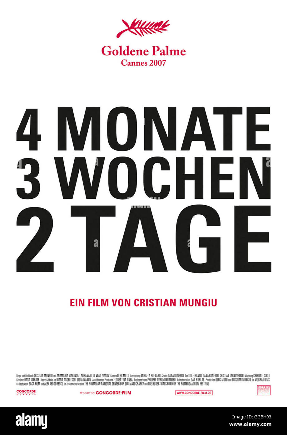 4 Monate, 3 Wochen und 2 Tage / Filmplakat Regie : Cristian Mungiu aka. 4 Luni, 3 saptamini si 2 Zile Banque D'Images