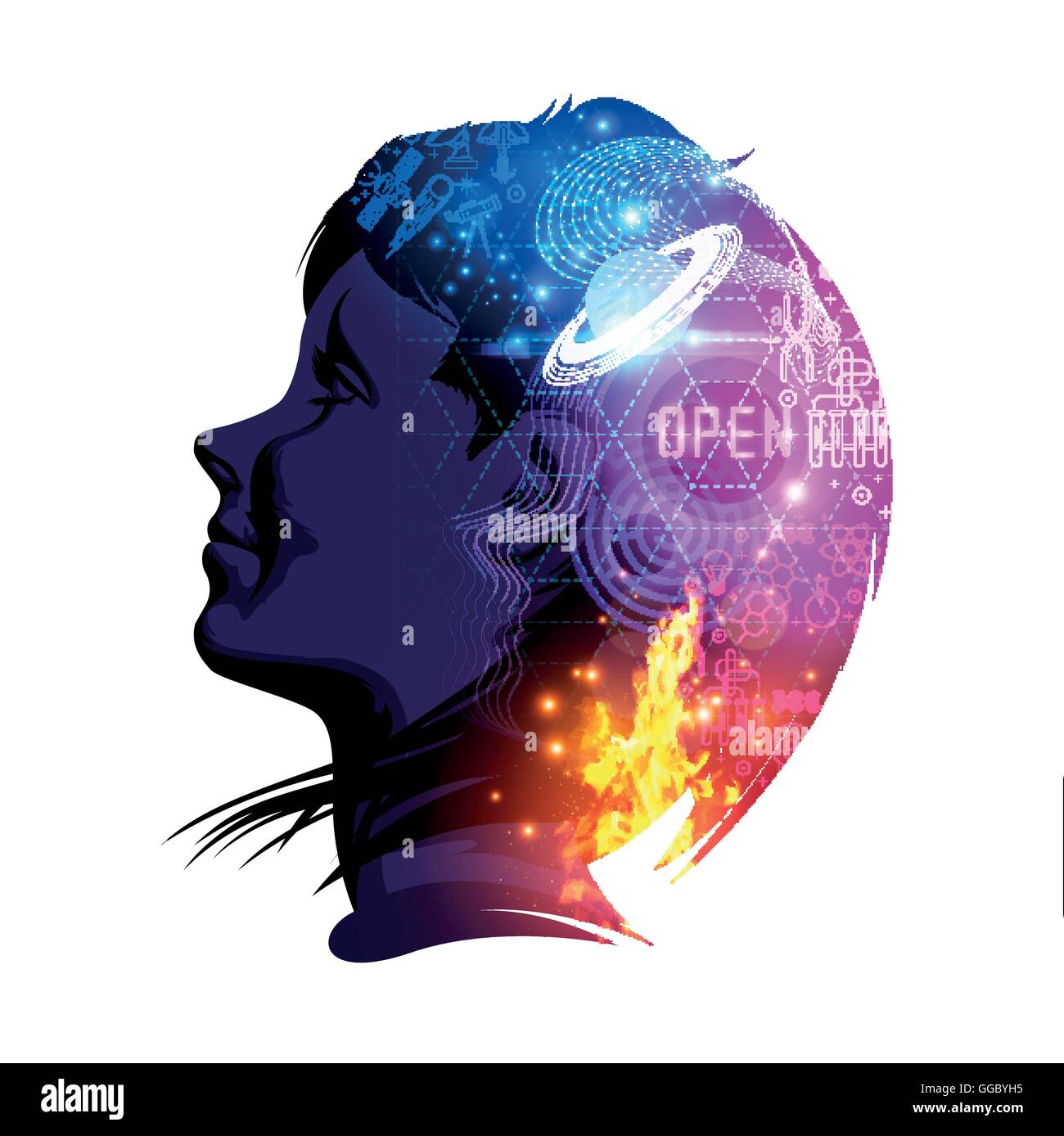 Une femme souriant de la science et de l'éducation sur son esprit. Double exposition créative vector illustration. Illustration de Vecteur Une femme souriant de la science et de l'éducation sur son esprit. Double exposition créative vector illustration. Illustration de Vecteur