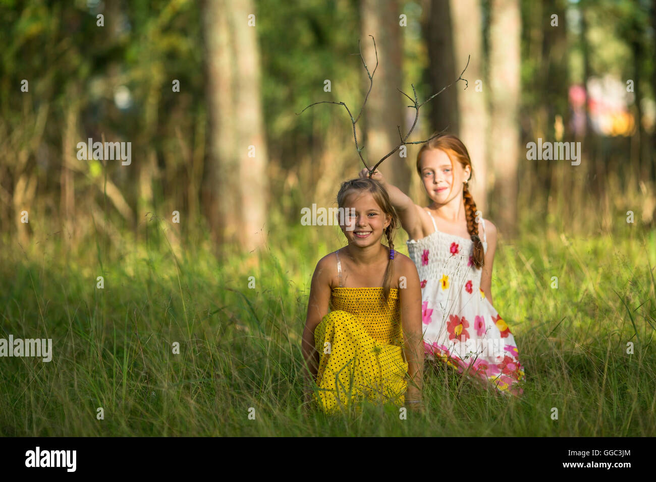 Deux petites filles mignonnes posant dans une forêt de pins. Banque D'Images