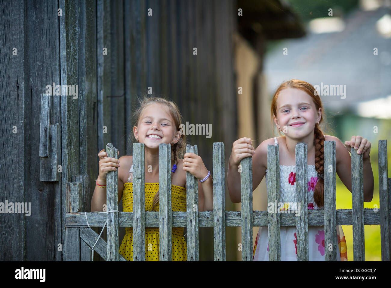 Deux petites filles mignonnes à travers une barrière en bois. Banque D'Images