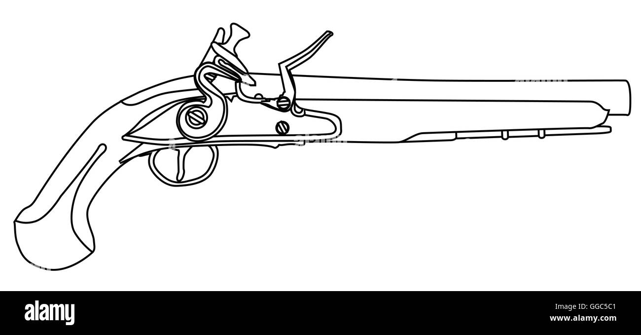 Un duel de style vieux pistolet à silex isolé sur blanc. Illustration de Vecteur