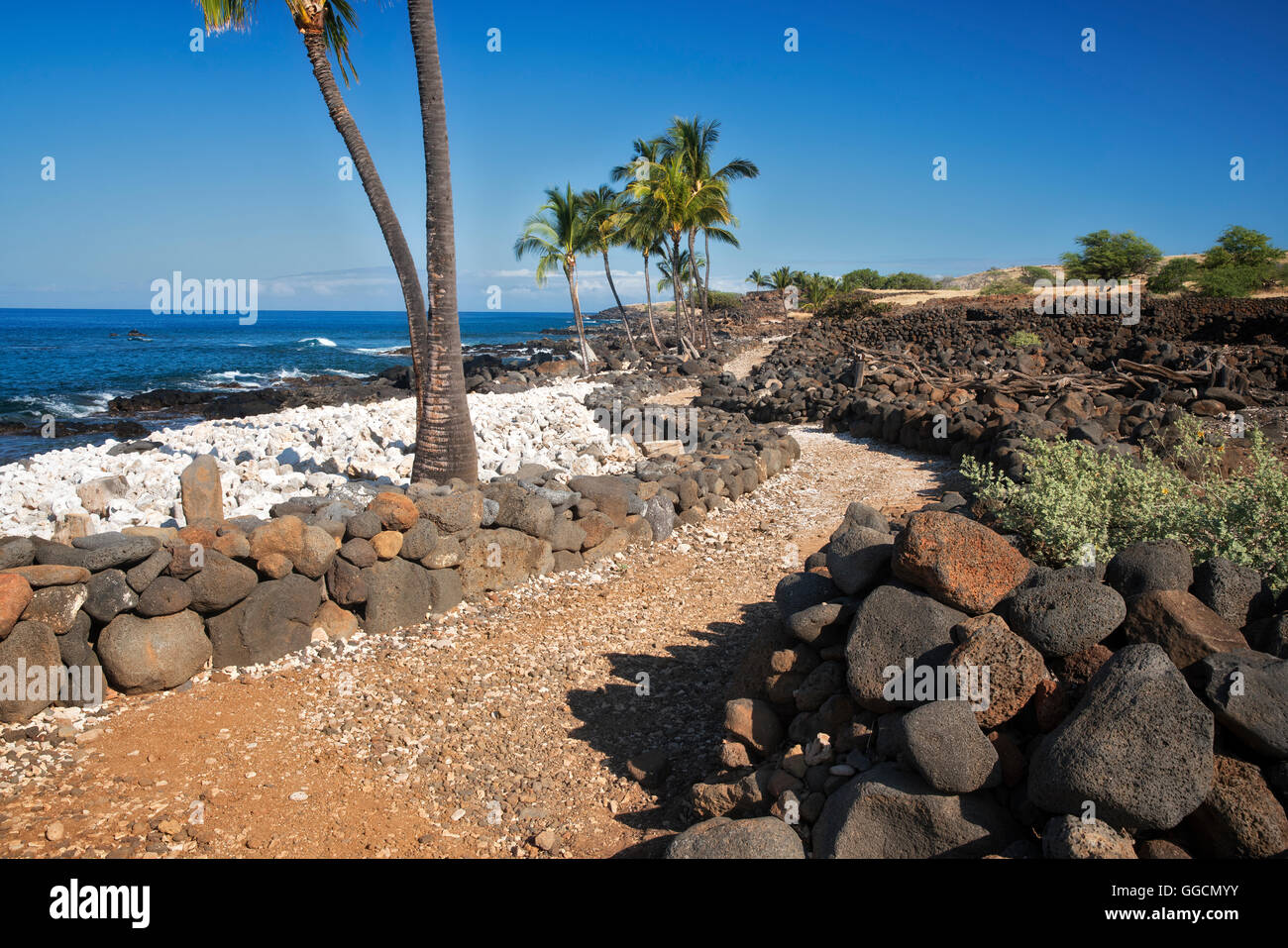 Chemin et océan à Lapakahi State Historical Park. Hawaii Island Banque D'Images