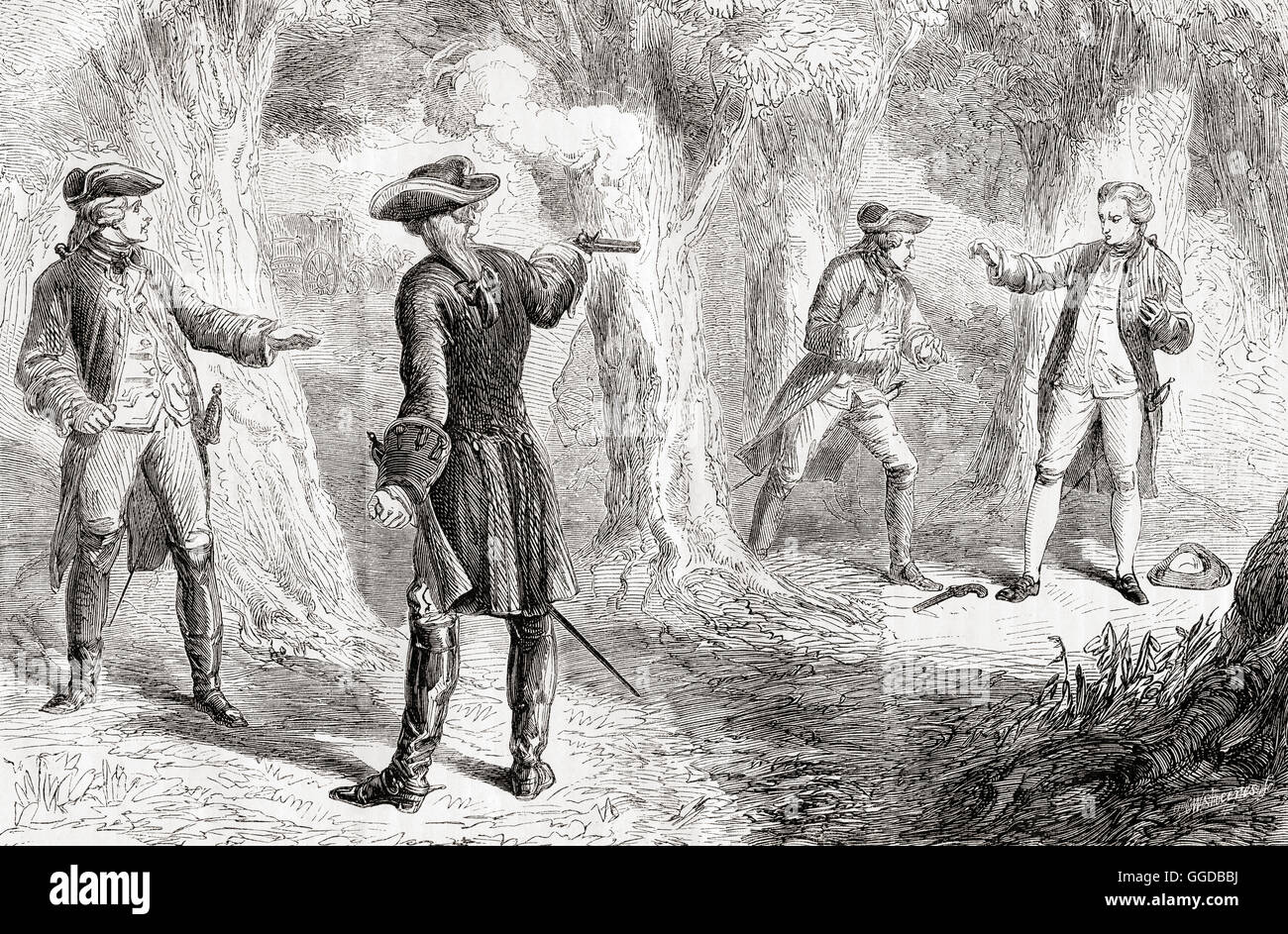 Le duel entre John Wilkes et Samuel Martin dans Hyde Park, Londres, Angleterre, 16 novembre 1763 dans lequel Wilkes a été grièvement blessé à l'estomac. John Wilkes, 1725 - 1797. Radical anglais, journaliste et politicien. Samuel Martin, 1714 - 1788. Homme politique britannique et administrateur. Banque D'Images